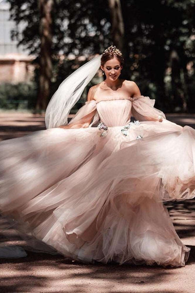 Off Shoulder Dark Nude Tulle Wedding Dresses, Country Wedding Dresses, 2021 Wedding Dresses, Bridal Gown