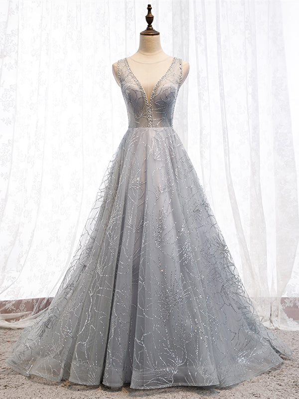 Light Grey Sequin Tulle Elegant Long Prom Dresses, A-line 2021 Prom Dresses, Beaded Prom Dresses