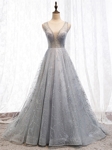Light Grey Sequin Tulle Elegant Long Prom Dresses, A-line 2021 Prom Dresses, Beaded Prom Dresses