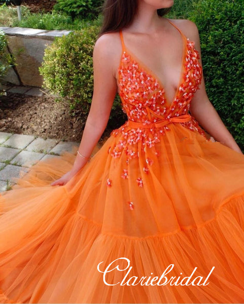V-neck Long A-line Bright Orange Prom Dresses, Tulle Prom Dresses, Long Prom Dresses