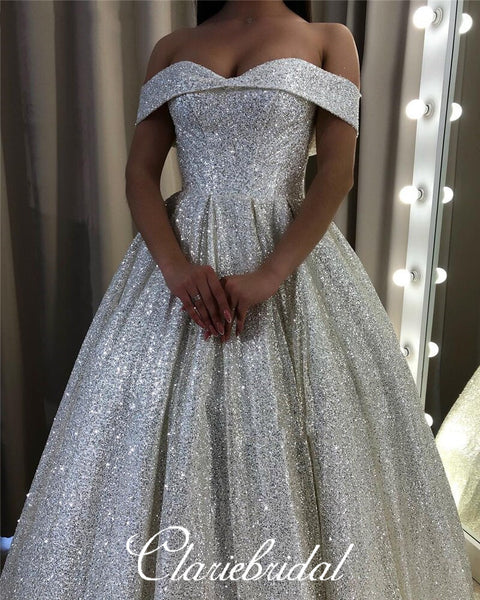 Off Shoulder Shiny Sequin Tulle Wedding Dresses, A-line Wedding Gown, Long Wedding Dresses