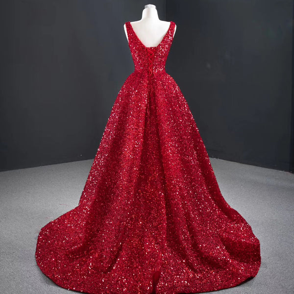 V-neck Long A-line Hi-low Red Sequin Prom Dresses, Long Prom Dresses, 2021 Prom Dresses