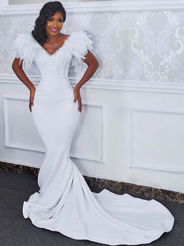 V-neck Long Mermaid Jersey Feather Wedding Dresses, Elegant Bridal Gown, 2020 Wedding Dresses