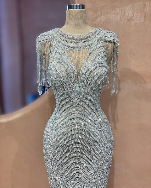 Round Neck Long Beaded Luxury Prom Dresses, Mermaid Prom Dresses, 2021 Long Prom Dresses