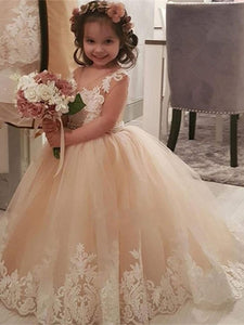 Round Neck Long A-line Lace Tulle Flower Girl Dresses, Pricess Dresses, Little Girl Dresses