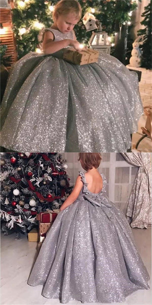 Round Neck Long Grey Sparkle Flower Girl Dresses, Shiny Flower Girl Dresses, Little Girl Dresses