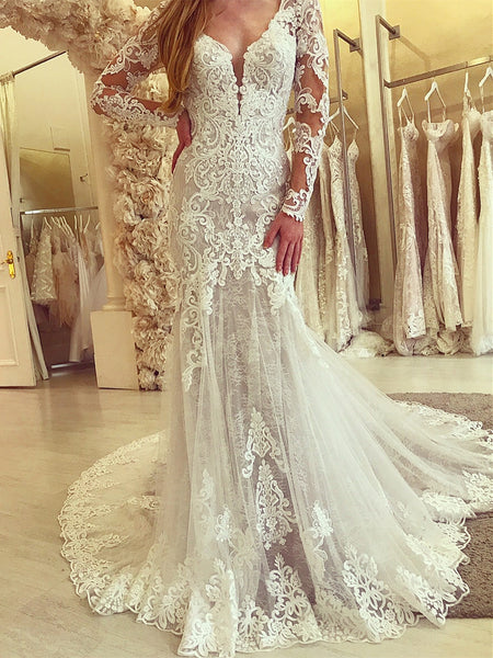 Long Sleeves Lace Mermaid Wedding Dresses, Bridal Gown, Elegant Lace Bridal Gown