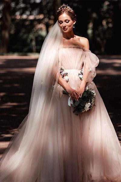 Off Shoulder Dark Nude Tulle Wedding Dresses, Country Wedding Dresses, 2021 Wedding Dresses, Bridal Gown