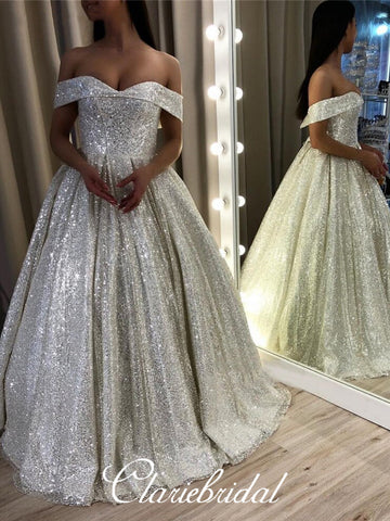 Off Shoulder Shiny Sequin Tulle Wedding Dresses, A-line Wedding Gown, Long Wedding Dresses