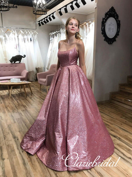 Lovely Pink Shemmering Fabric Long Prom Dresses, Sparkle Prom Dresses, 2020 Prom Dresses