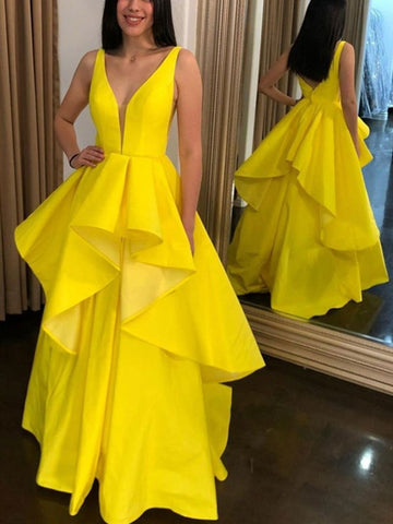 High Low V-neck Layered Long Prom Dresses, A-line Yellow Elegant Prom Dresses