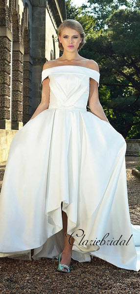 Off Shoulder Ivory Satin A-line Long Train Wedding Dresses