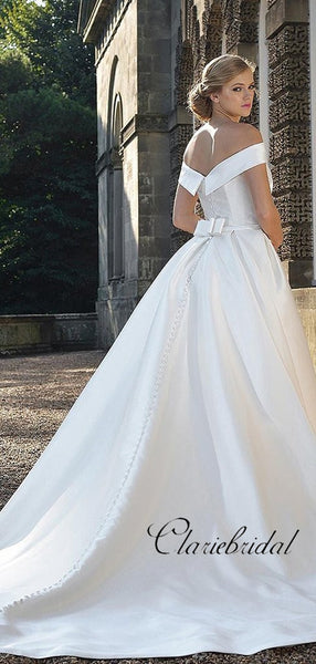 Off Shoulder Ivory Satin A-line Long Train Wedding Dresses