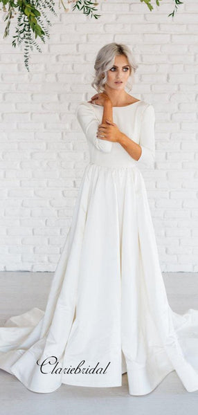 Long Sleeves Satin Wedding Dresses, A-line Wedding Dresses, Simple Bridal Gowns