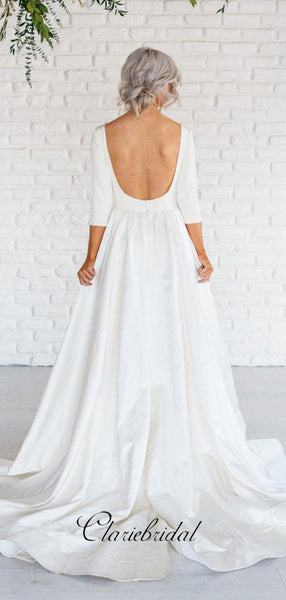 Long Sleeves Satin Wedding Dresses, A-line Wedding Dresses, Simple Bridal Gowns