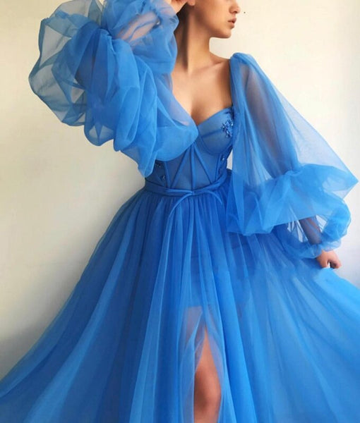 Sky Blue Tulle Long Prom Dresses, Sweetheart Bubble Sleeved Prom Dresses, Long Prom Dresses, 2021 Prom Dresses