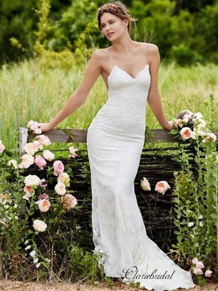 Spaghetti Straps Backless Sexy Wedding Dresses, Lace Mermaid Country Wedding Dresses