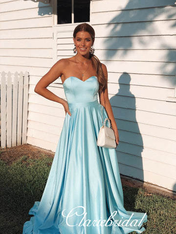 Sweetheart Long A-line Satin Prom Dresses, Sky Blue Prom Dresses, Long Prom Dresses