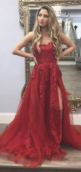 High Side Slit Burgundy Long Prom Dresses, Lace Floral A-line 2021 Prom Dresses
