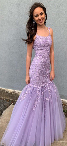 Purple Long Mermaid Lace Tulle Prom Dresses, Lovely Prom Dresses, Newest Prom Dresses
