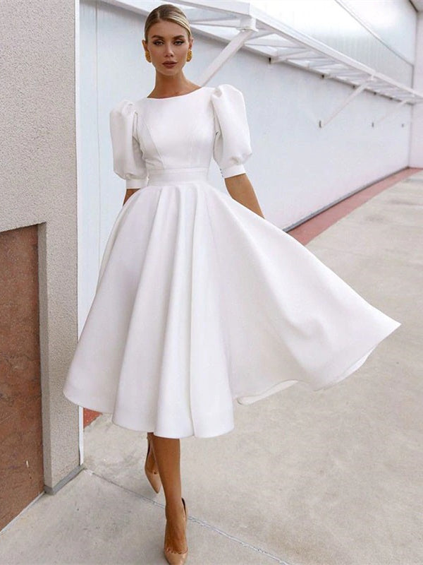 Round Neck Bubble Sleeves Ivory Satin Wedding Dresses, Elegant Wedding Dresses, Newest Wedding Dresses, Affordable Wedding Dresses