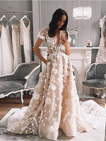 V-neck Short Sleeves Lace Appliques Wedding Dresses, Bridal Gown, Floral Wedding Dresses