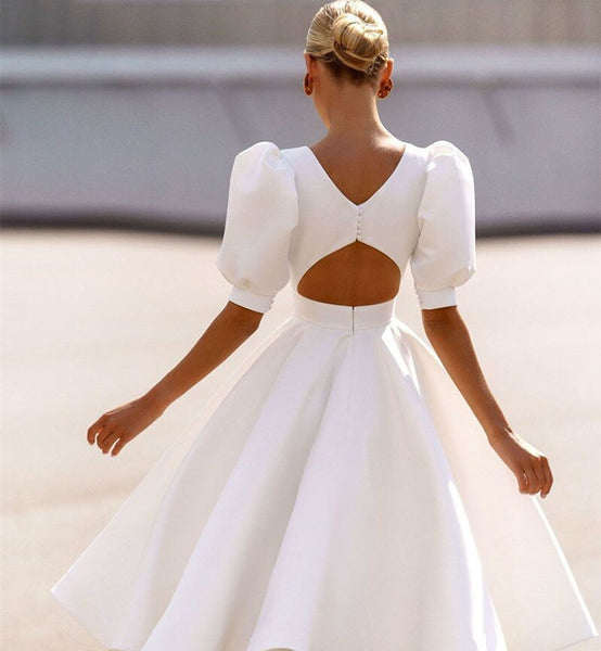 Round Neck Bubble Sleeves Ivory Satin Wedding Dresses, Elegant Wedding Dresses, Newest Wedding Dresses, Affordable Wedding Dresses