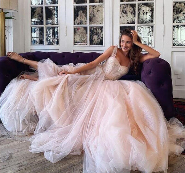 Blush Pink Tulle Long Prom Dresses, Shemmering Prom Dresses, Long Wedding Dresses, 2021 Prom Dresses