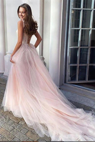 Blush Pink Tulle Long Prom Dresses, Shemmering Prom Dresses, Long Wedding Dresses, 2021 Prom Dresses