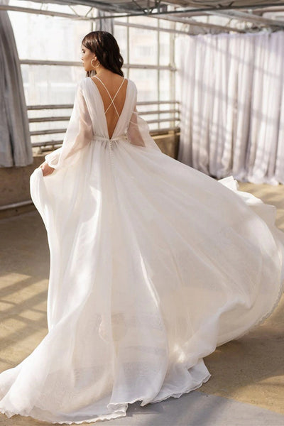 Boho Ivory Chiffon Long Wedding Dresses, Bridal Gown, A-line Wedding Dresses, Affordable Wedding Dresses