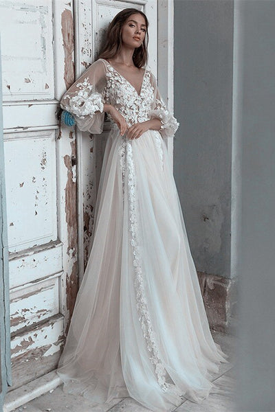 V-neck Lace Tulle A-line Wedding Dresses, Country Wedding Dresses, 2021 Wedding Dresses