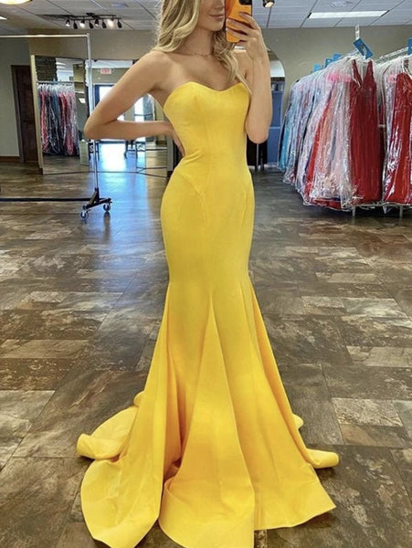Mermaid Strapless Long Prom Dresses, Satin 2021 Newest Prom Dresses, Graduation Dresses