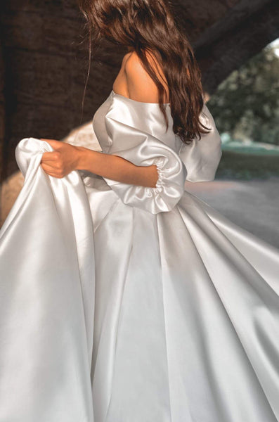 Off the Shoulder Long A-line Satin Wedding Dresses, Elegant Wedding Dresses, Long Train Wedding Dresses, Bridal Gown