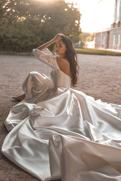 Off the Shoulder Long A-line Satin Wedding Dresses, Elegant Wedding Dresses, Long Train Wedding Dresses, Bridal Gown