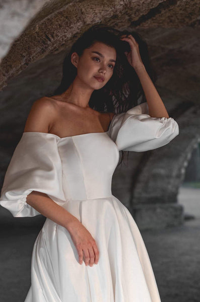 Off the Shoulder Long A-line Satin Wedding Dresses, Elegant Wedding Dresses, Long Train Wedding Dresses, Bridal Gown