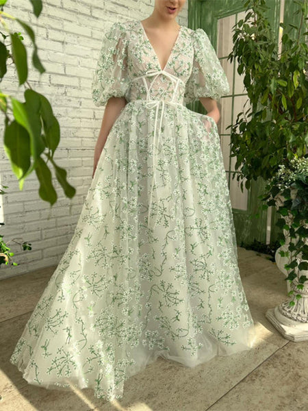 V-neck Puff Sleeves Long A-line Prom Dresses, Lovely Princess Prom Dresses, 2022 Prom Dresses, Newest Prom Dresses