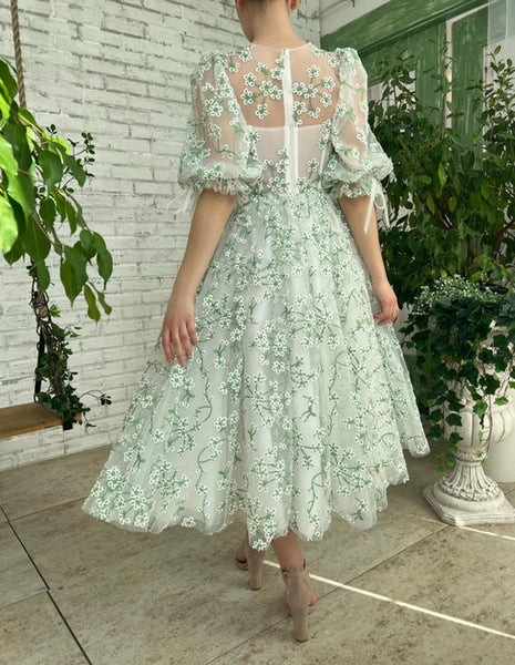 Illusion Puff Sleeves Mint Prom Dresses, Tea Length Prom Dresses, 2022 Prom Dresses, Newest Prom Dresses, Affordable Prom Dresses