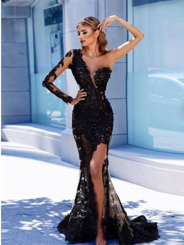 One Shoulder Long Prom Dresses, Lace Prom Dresses, Mermaid Prom Dresses