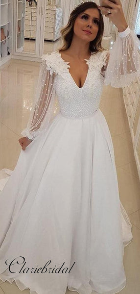 Long Sleeves Beaded Wedding Dresses, V-neck Wedding Dresses, A-line Wedding Dresses Long