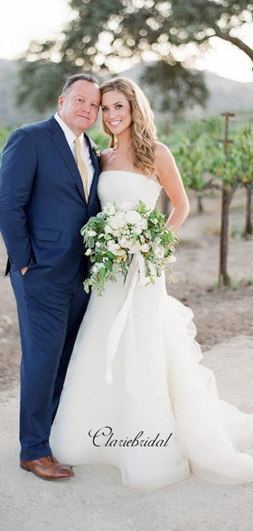 Simple Strapless Wedding Dresses, White A-line Wedding Dresses, Organza Bridal Gowns