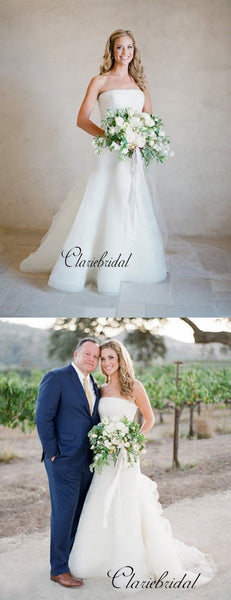 Simple Strapless Wedding Dresses, White A-line Wedding Dresses, Organza Bridal Gowns