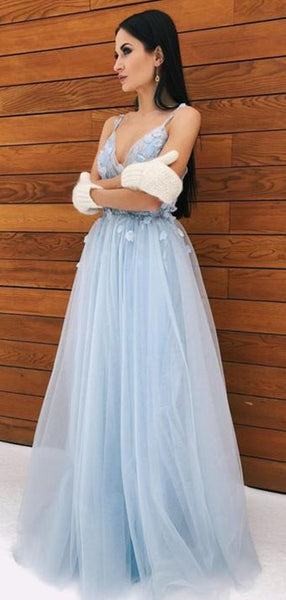 Light Blue Spaghetti Straps Long Prom Dresses, Appliques Elegant 2021 Prom Dresses