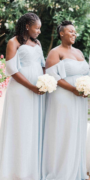 Off the Shoulder Pale Blue Chiffon Bridesmaid Dresses, Long Bridesmaid Dresses, Popular Bridesmaid Dresses