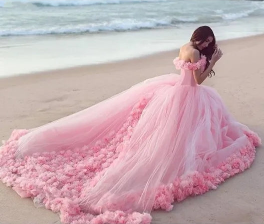 Off Shoulder Long Pink Ball Gown Wedding Dresses, Bridal Gown, Long Wedding Dresses