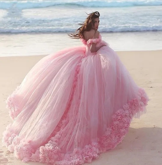 Off Shoulder Long Pink Ball Gown Wedding Dresses, Bridal Gown, Long Wedding Dresses