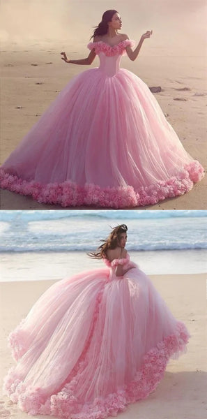 Off Shoulder Long Pink Ball Gown Wedding Dresses, Bridal Gown, Long Wedding Dresses