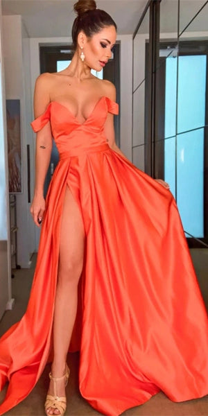 Off Shoulder Long A-line Satin Prom Dresses, High Slit Prom Dresses, Satin Prom Dresses, 2021 Prom Dresses