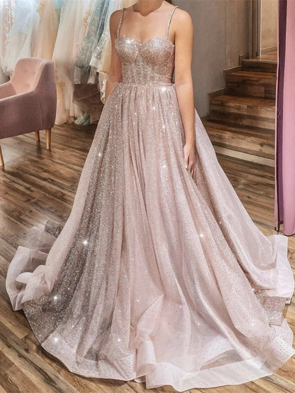 Spaghetti Long A-line Sequin Prom Dresses, Shiny Prom Dresses, Cheap Prom Dresses, 2021 Prom Dresses