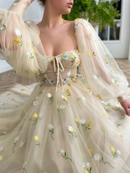 Long Sleeves Popular Flower Long Prom Dresses, 2022 Girl Evening Party Dresses, Wedding Dresses