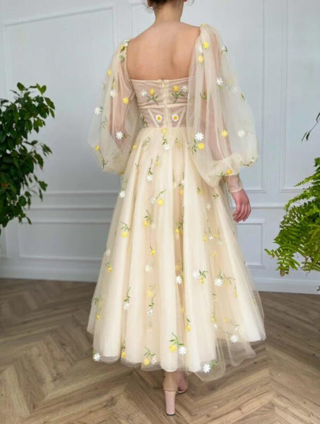 Long Sleeves Popular Flower Long Prom Dresses, 2022 Girl Evening Party Dresses, Wedding Dresses
